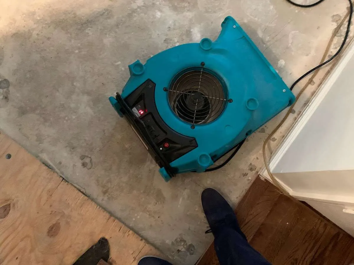 Air mover drying subfloor during Leak Detection & Repair in Algona